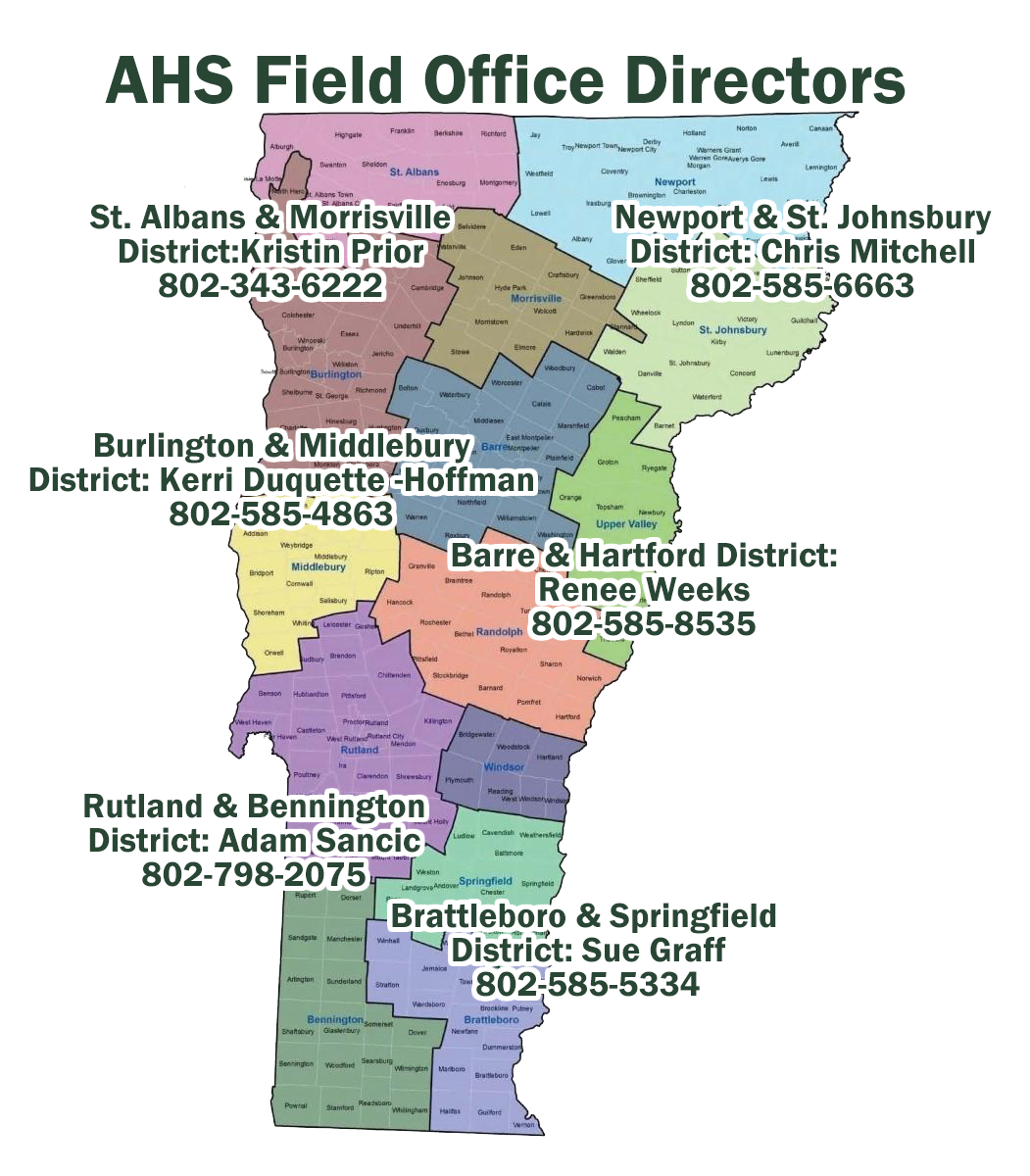 Vermont map with Field service directors contact information and districts highlighted. Contact info listed as text below. 